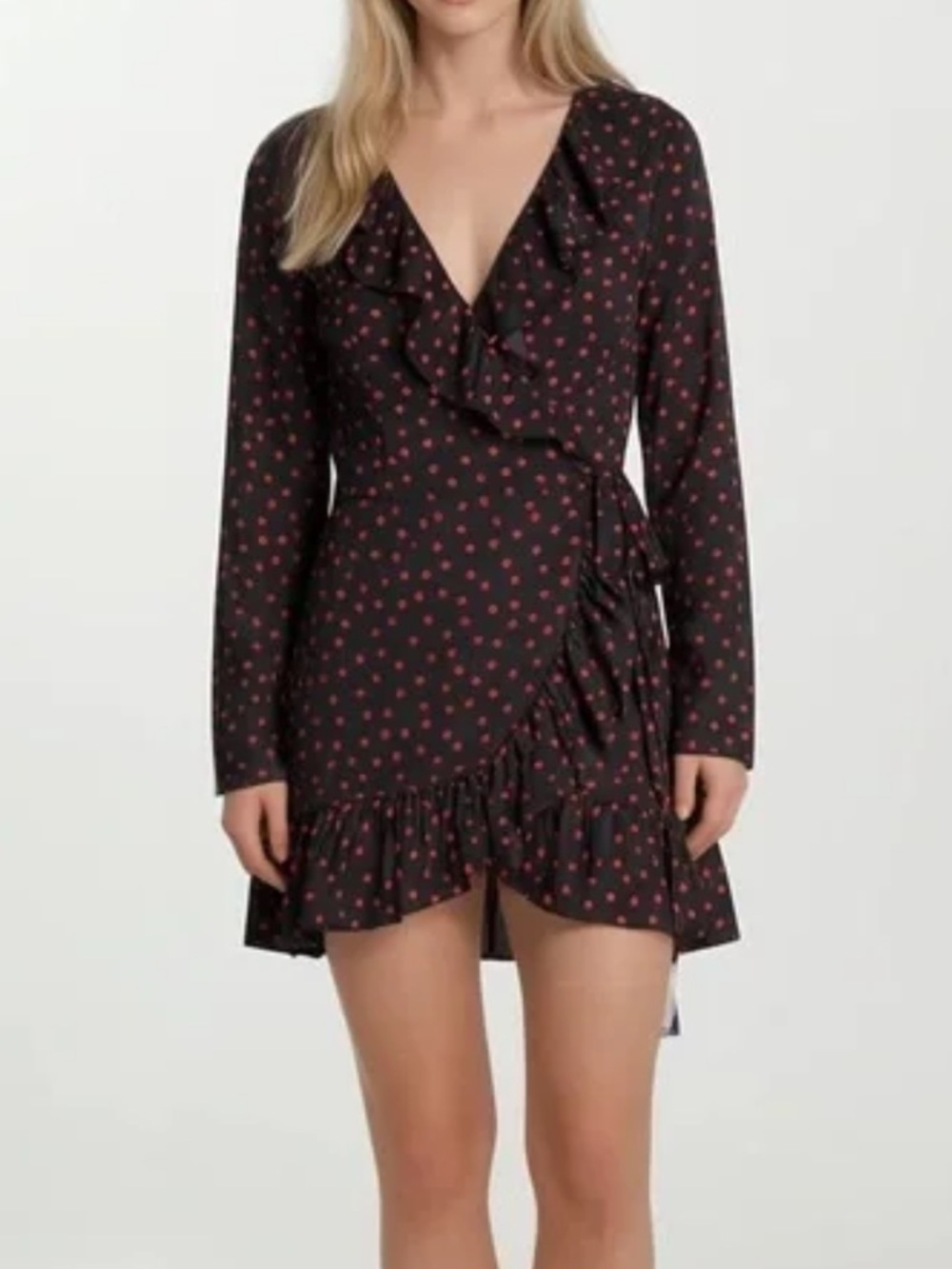 Realisation Par Alexandra Black Mini Wrap Dress Red Polka Dots Medium 100% Silk - Picture 2 of 14